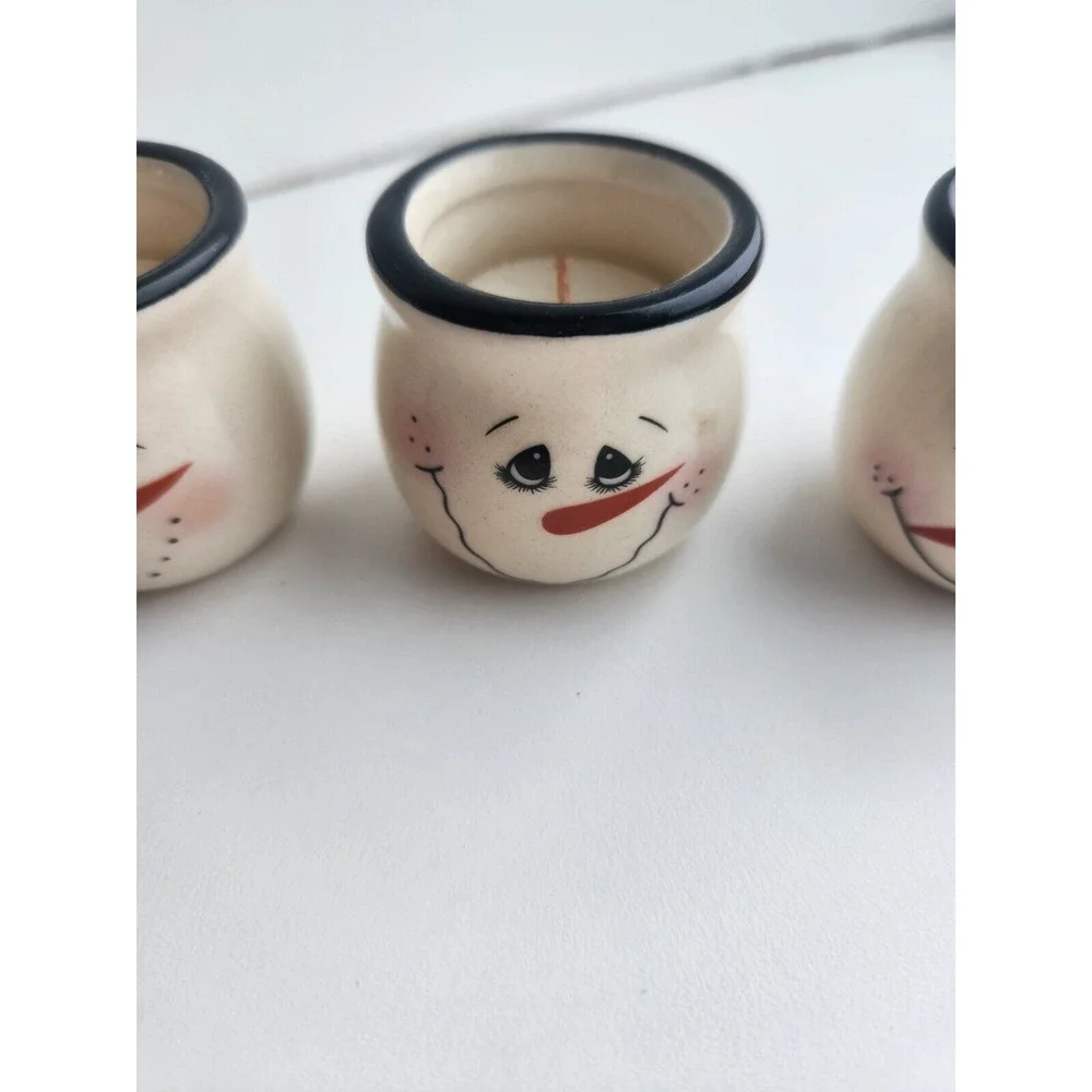 Set of 4 Snowman Mini Jar Candles Ceramic Painted Christmas‎ Holiday Winter